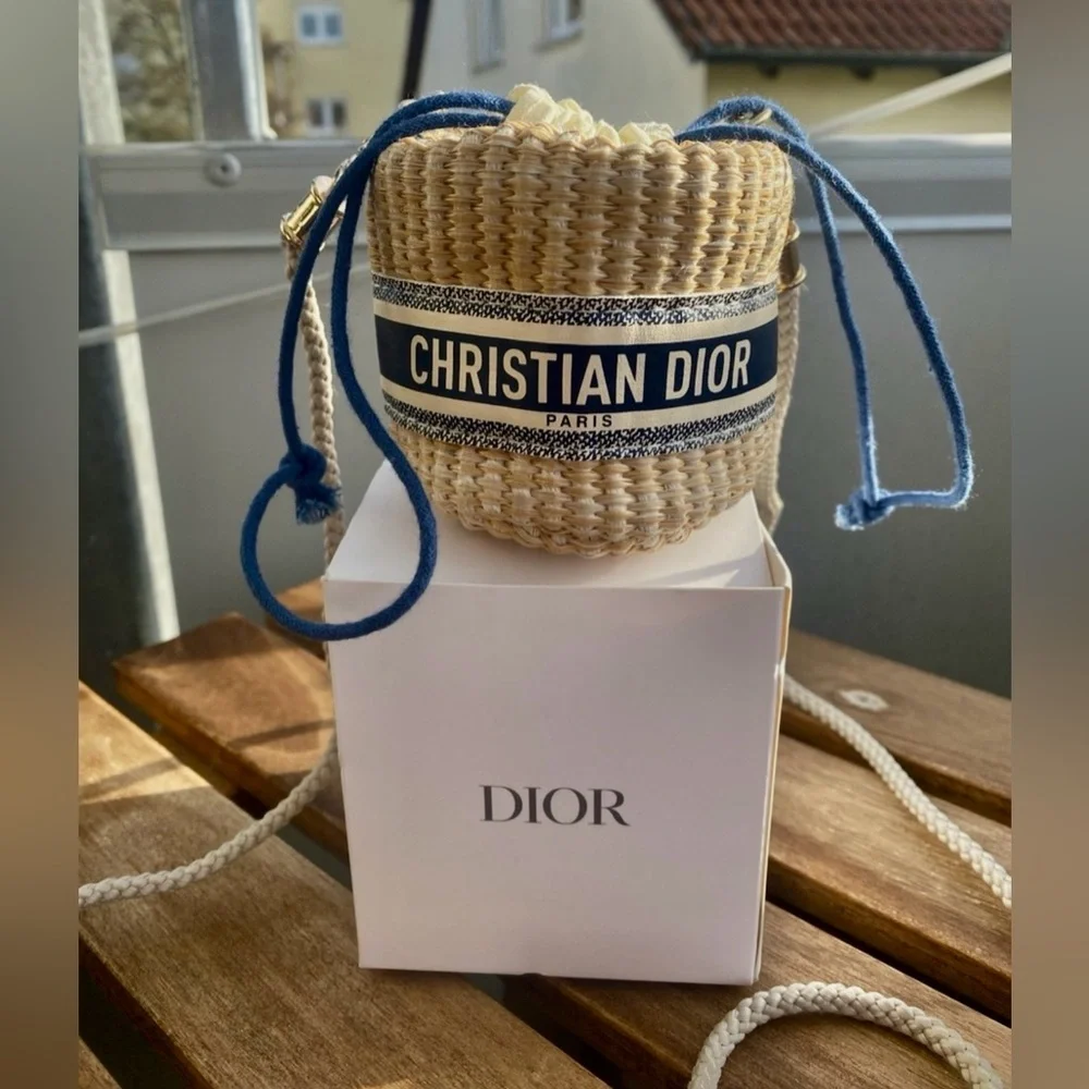 Dior Straw Drawstring Mini Pouch or Mini Bucket Bag in Cream and Blue NWB GWP - Picture 2 of 13